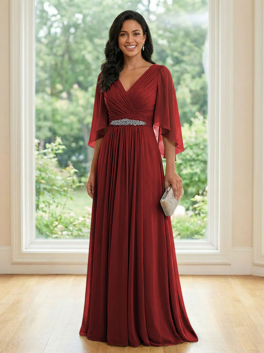 Chiffon V Neck A Line Ruched Mother of the Bride Dresses with Long Sleeves