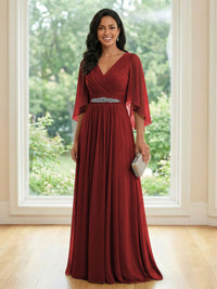 Chiffon V Neck A Line Ruched Mother of the Bride Dresses with Long Sleeves