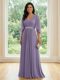 Chiffon V Neck A Line Ruched Mother of the Bride Dresses with Long Sleeves