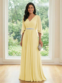 Chiffon V Neck A Line Ruched Mother of the Bride Dresses with Long Sleeves