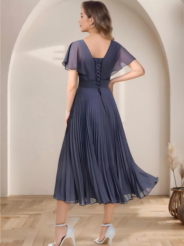 Chiffon Tea Length Pleated Mother of the Bride Dresses with Sleeves