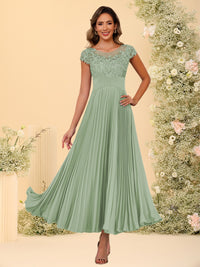 Chiffon Round Neck Pleated Corset Lace Applique Mother of the Bride Dresses