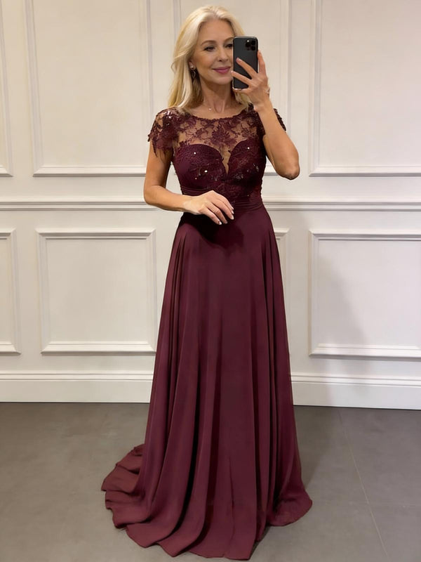 Round Neck Lace Appliques Chiffon Mother of the Bride Dresses