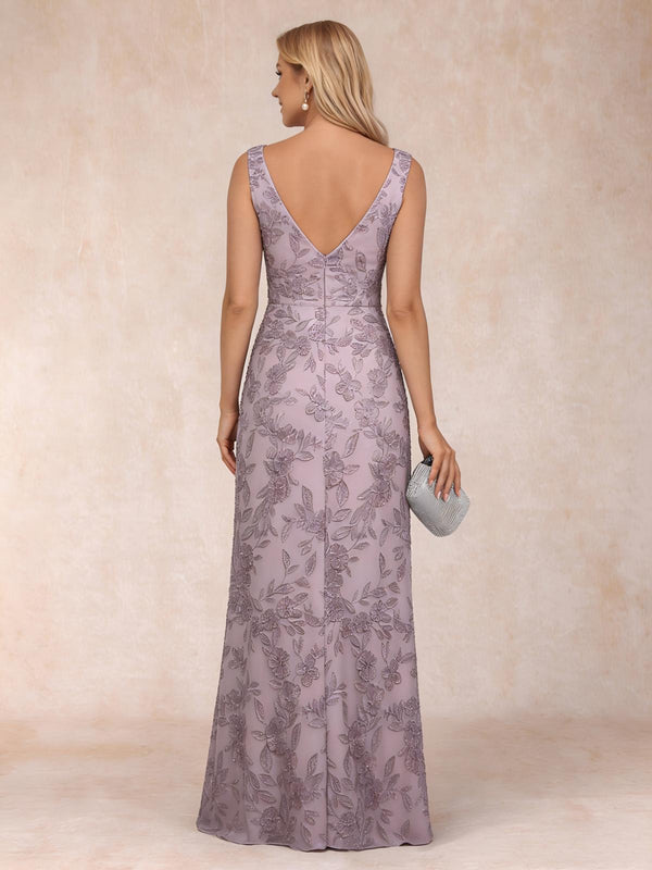 Lace Appliques Satin V Neck Mother of the Bride Dresses