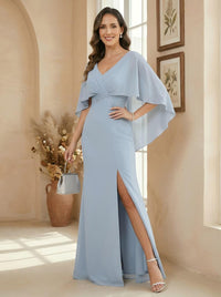 Chiffon V Neck Pleated Lace Appliques Mother of the Bride Dresses with Slit