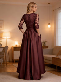 V Neck Lace Appliques Satin Pleated Mother of the Bride Dresses