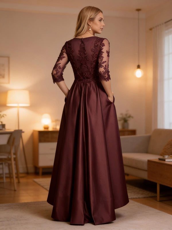 V Neck Lace Appliques Satin Pleated Mother of the Bride Dresses