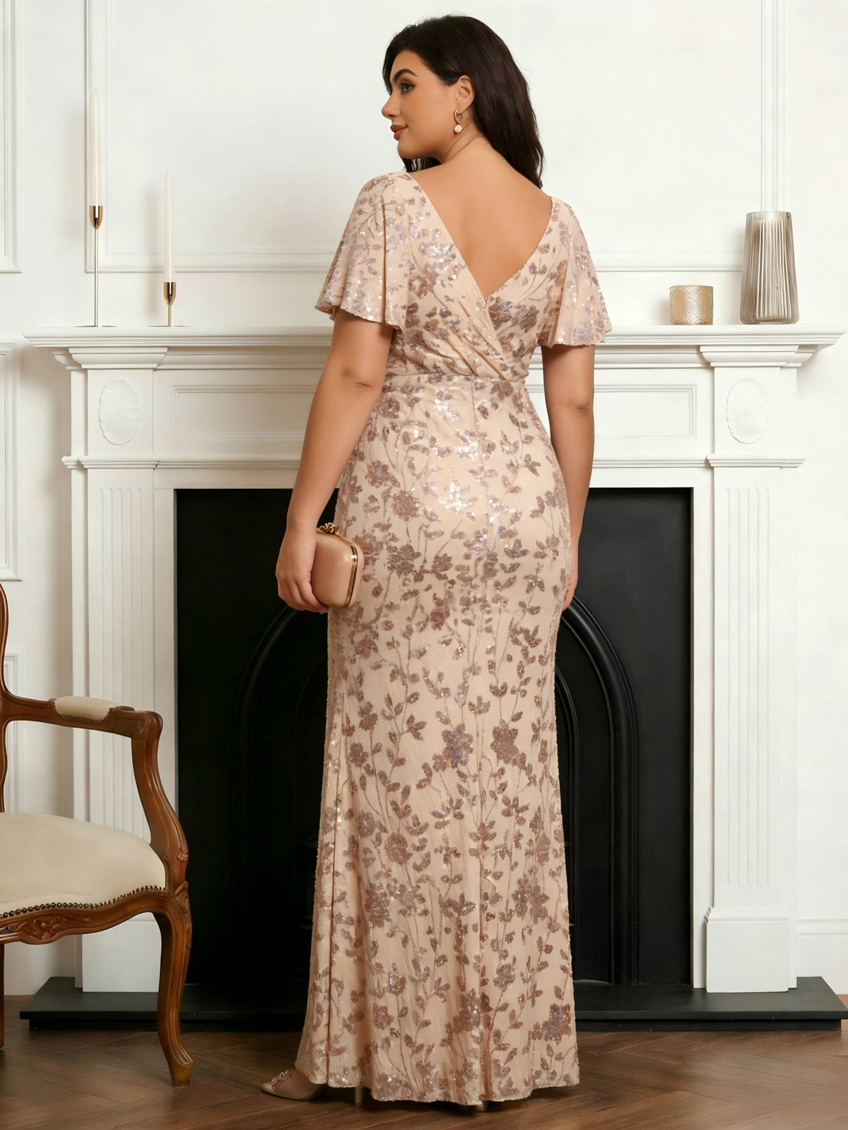 V Neck Velvet Floral Print Pleated Plus Size Mother of the Bride Dresses