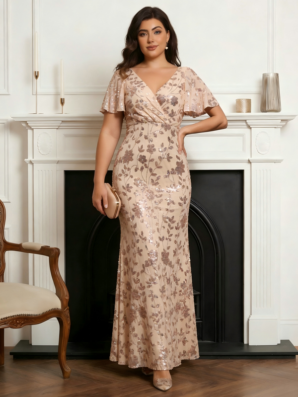 Shirees Champagne V Neck Velvet Floral Print Pleated Plus Size Mother of the Bride Dresses 2026