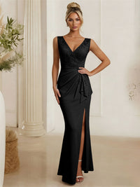 Satin V Neck Lace Appliques Mermaid Mother of the Bride Dresses