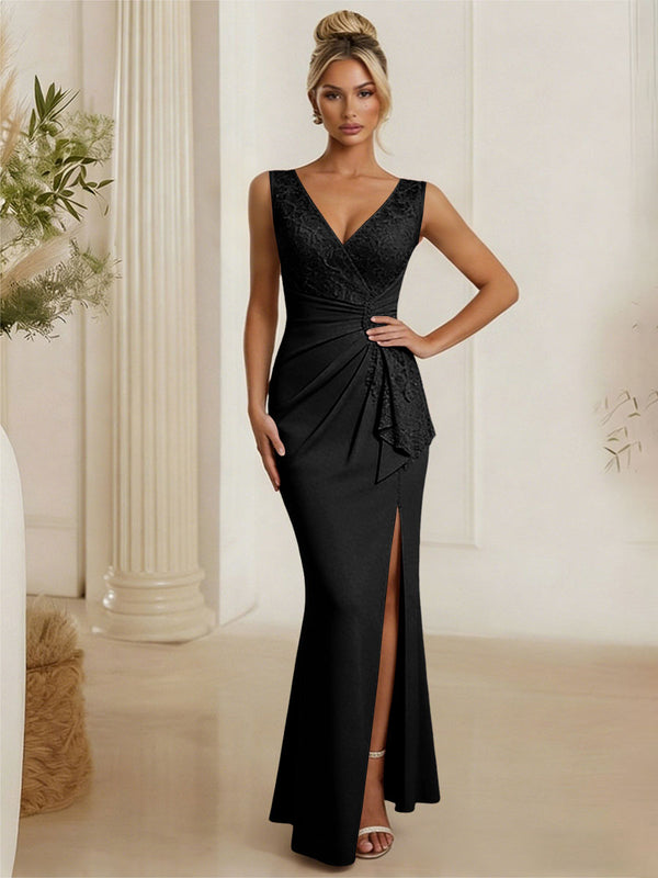 Satin V Neck Lace Appliques Mermaid Mother of the Bride Dresses