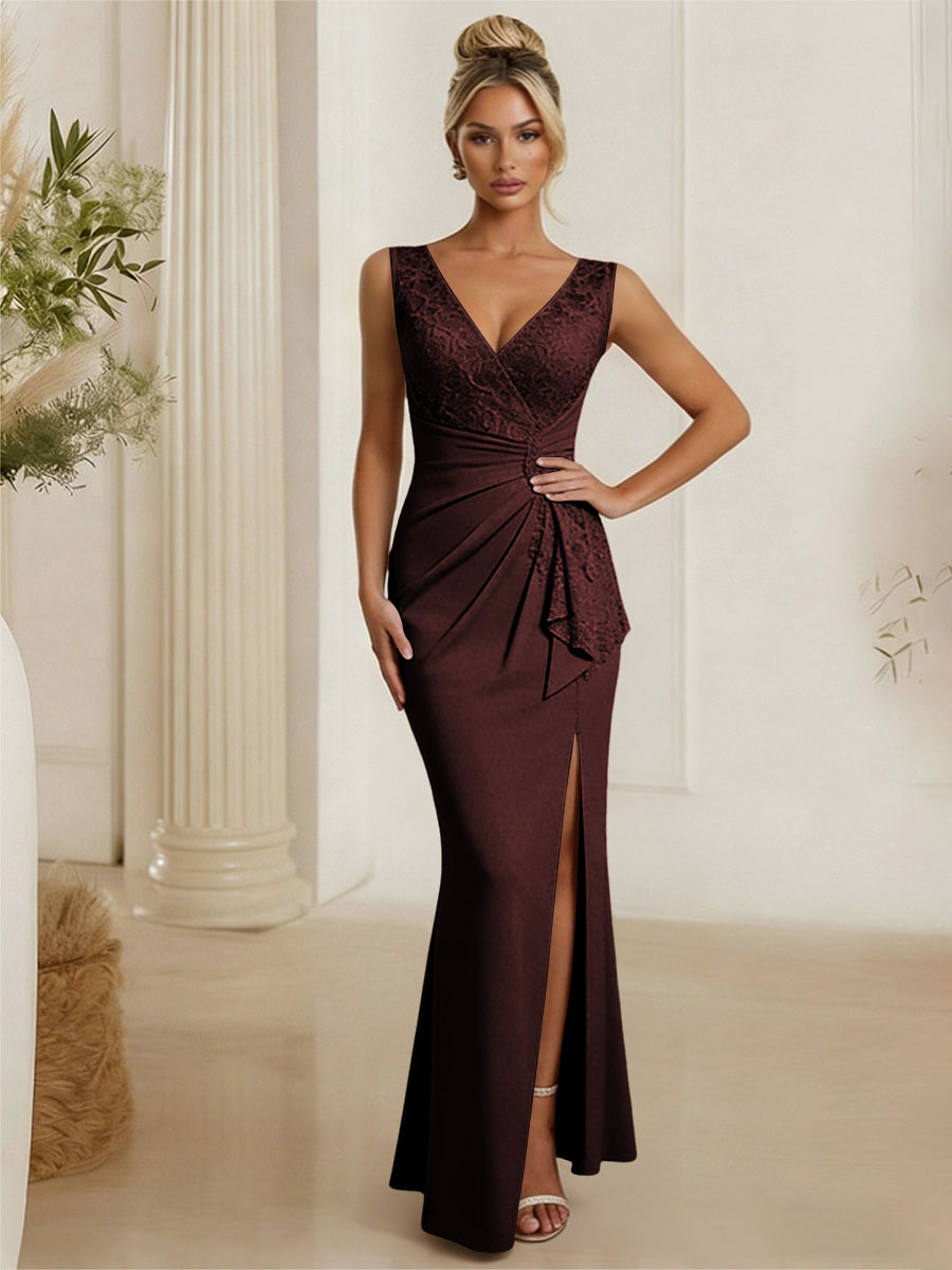 Satin V Neck Lace Appliques Mermaid Mother of the Bride Dresses