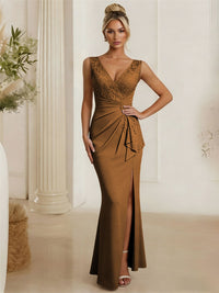 Satin V Neck Lace Appliques Mermaid Mother of the Bride Dresses