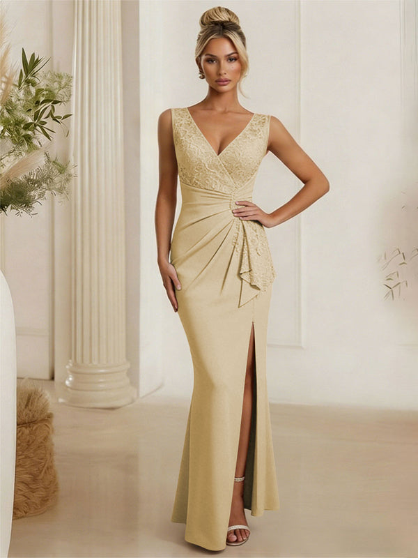 Satin V Neck Lace Appliques Mermaid Mother of the Bride Dresses