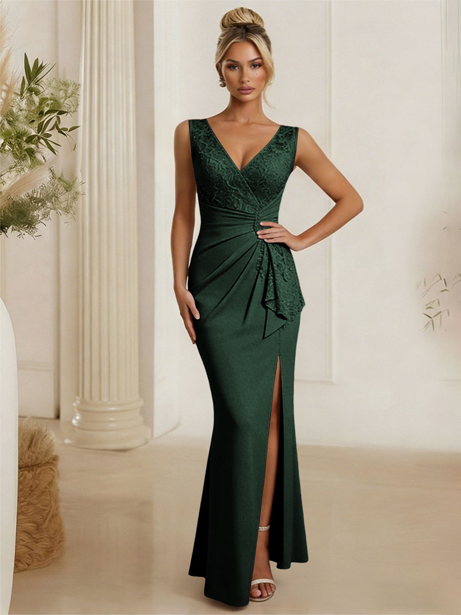 Satin V Neck Lace Appliques Mermaid Mother of the Bride Dresses