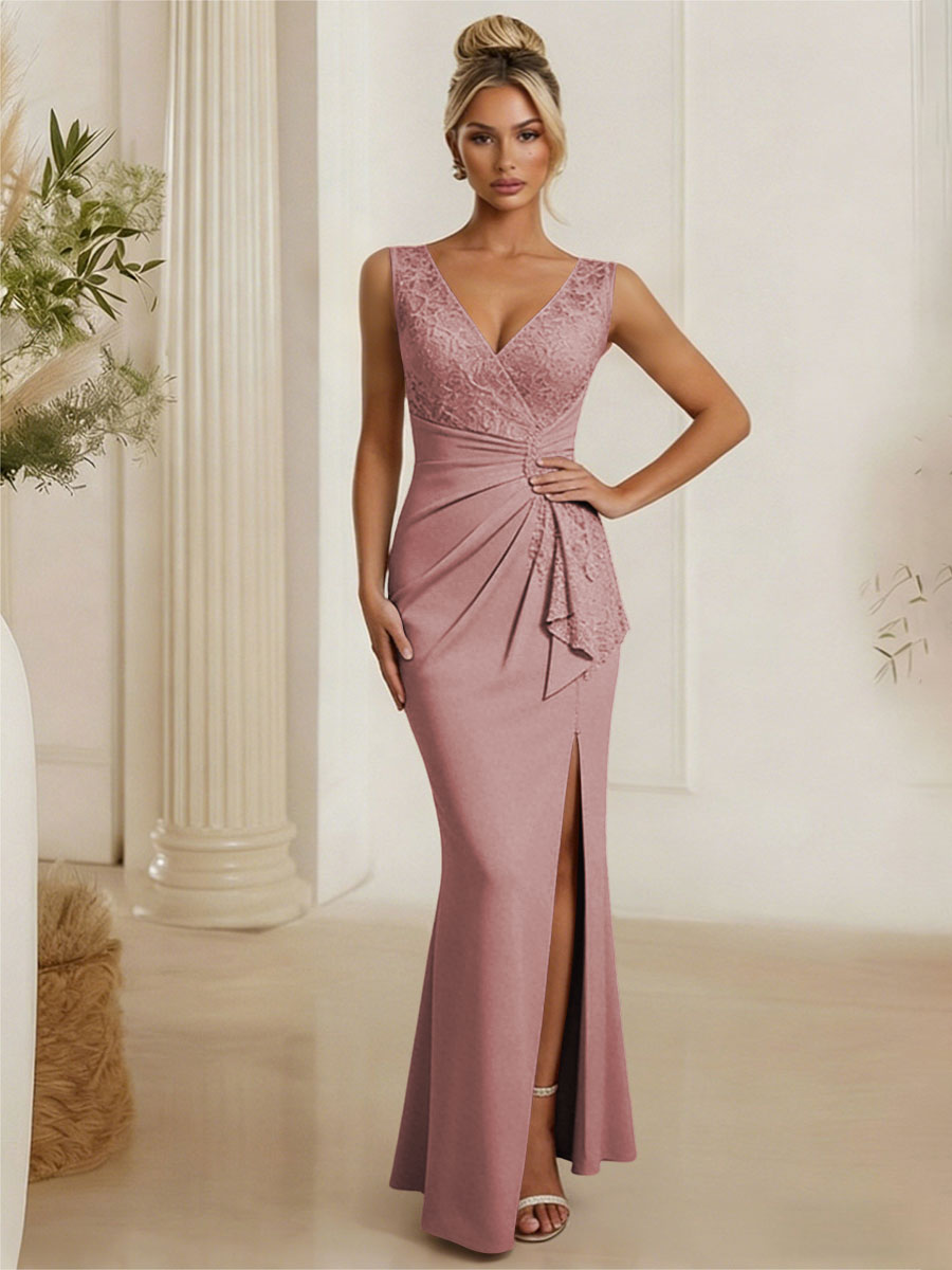 Satin V Neck Lace Appliques Mermaid Mother of the Bride Dresses