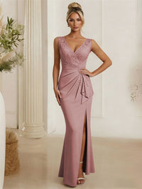 Satin V Neck Lace Appliques Mermaid Mother of the Bride Dresses