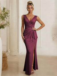 Satin V Neck Lace Appliques Mermaid Mother of the Bride Dresses