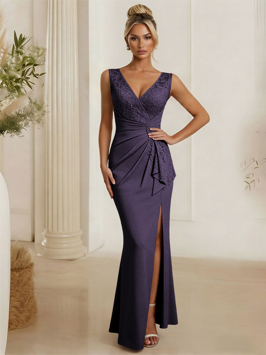 Satin V Neck Lace Appliques Mermaid Mother of the Bride Dresses