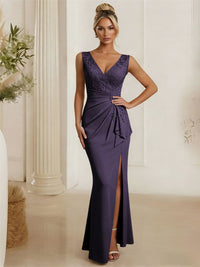 Satin V Neck Lace Appliques Mermaid Mother of the Bride Dresses