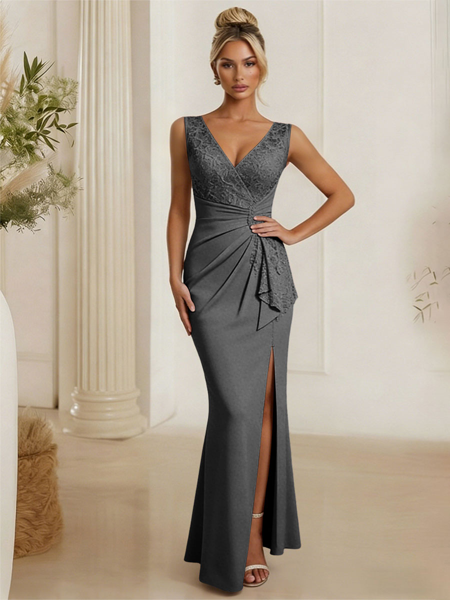 Satin V Neck Lace Appliques Mermaid Mother of the Bride Dresses