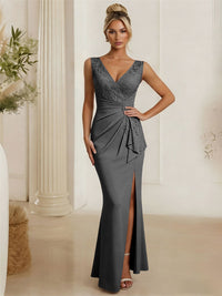 Satin V Neck Lace Appliques Mermaid Mother of the Bride Dresses