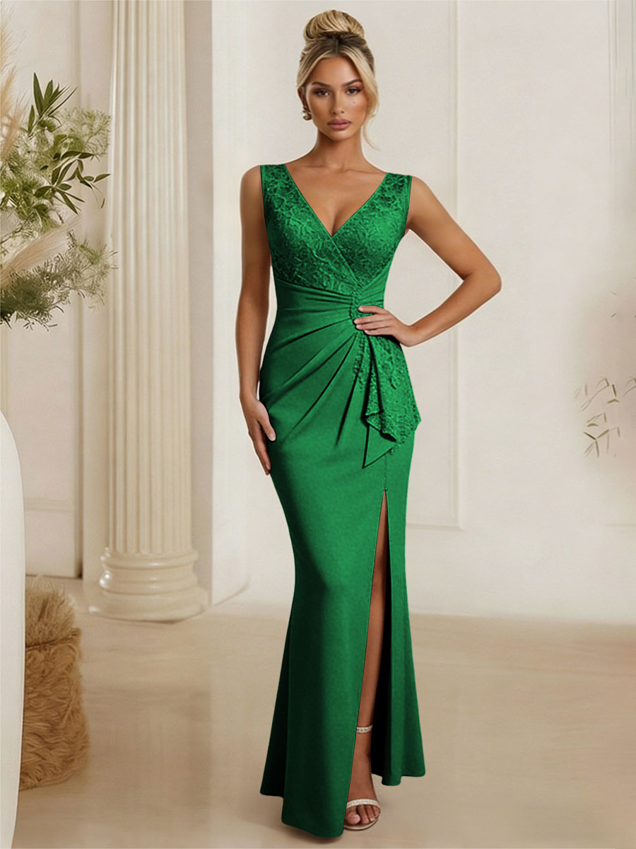 Satin V Neck Lace Appliques Mermaid Mother of the Bride Dresses