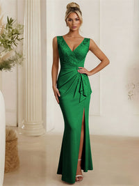 Satin V Neck Lace Appliques Mermaid Mother of the Bride Dresses