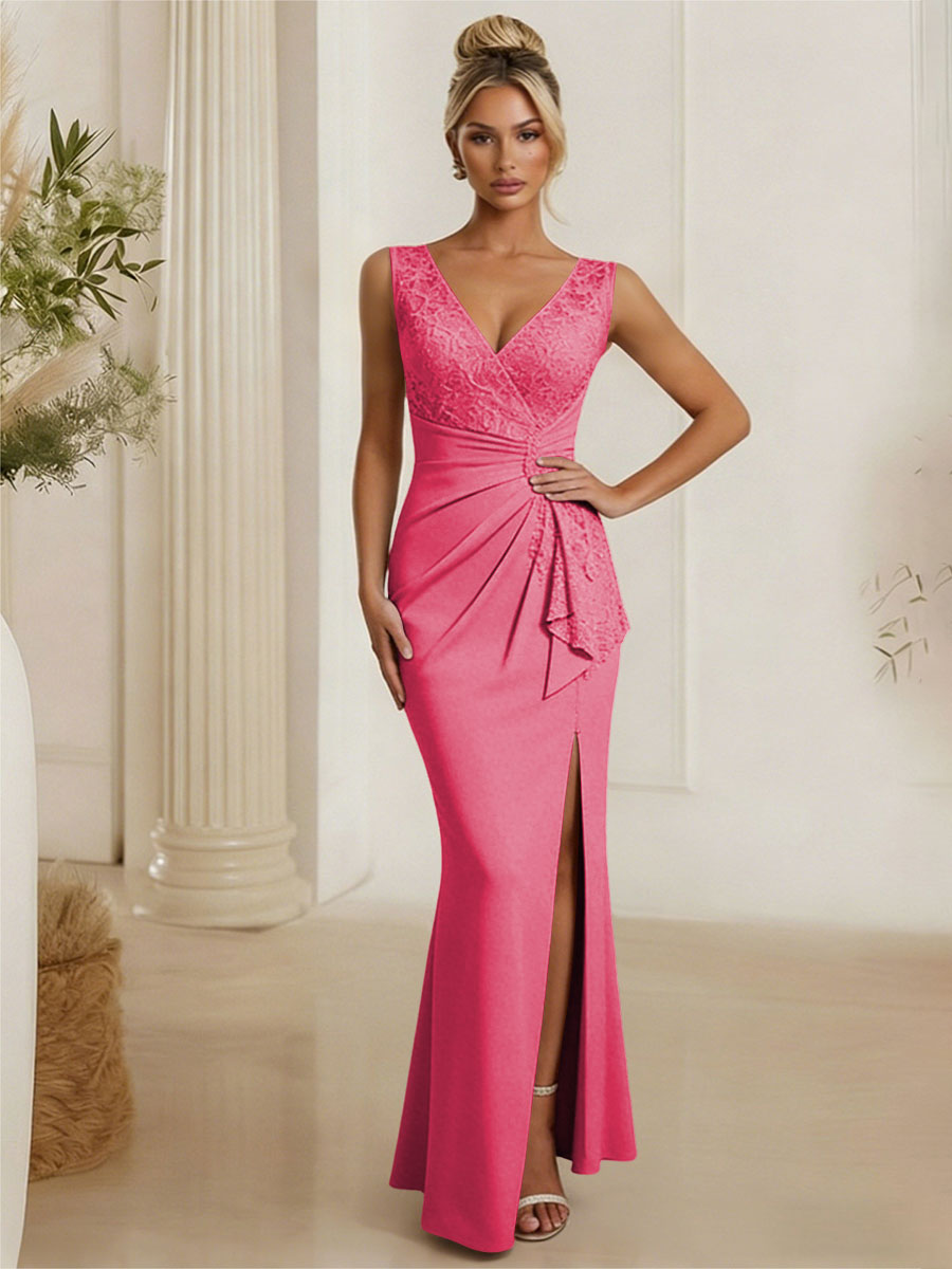 Satin V Neck Lace Appliques Mermaid Mother of the Bride Dresses