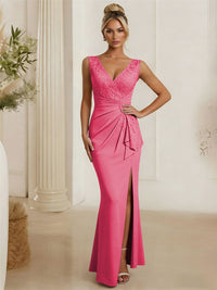Satin V Neck Lace Appliques Mermaid Mother of the Bride Dresses