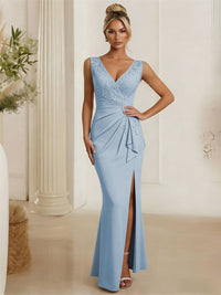 Satin V Neck Lace Appliques Mermaid Mother of the Bride Dresses