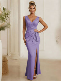 Satin V Neck Lace Appliques Mermaid Mother of the Bride Dresses