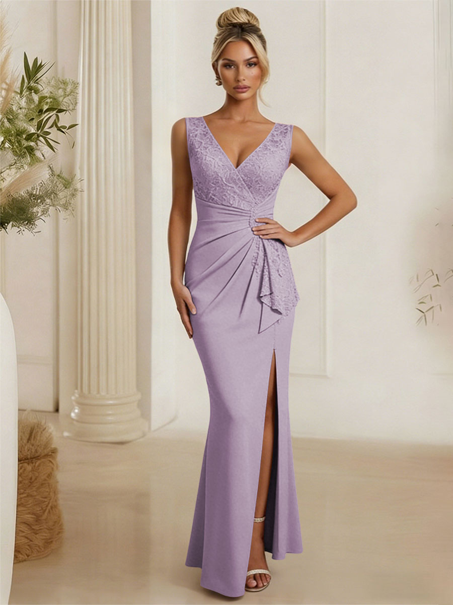 Satin V Neck Lace Appliques Mermaid Mother of the Bride Dresses