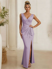 Satin V Neck Lace Appliques Mermaid Mother of the Bride Dresses
