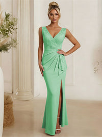 Satin V Neck Lace Appliques Mermaid Mother of the Bride Dresses