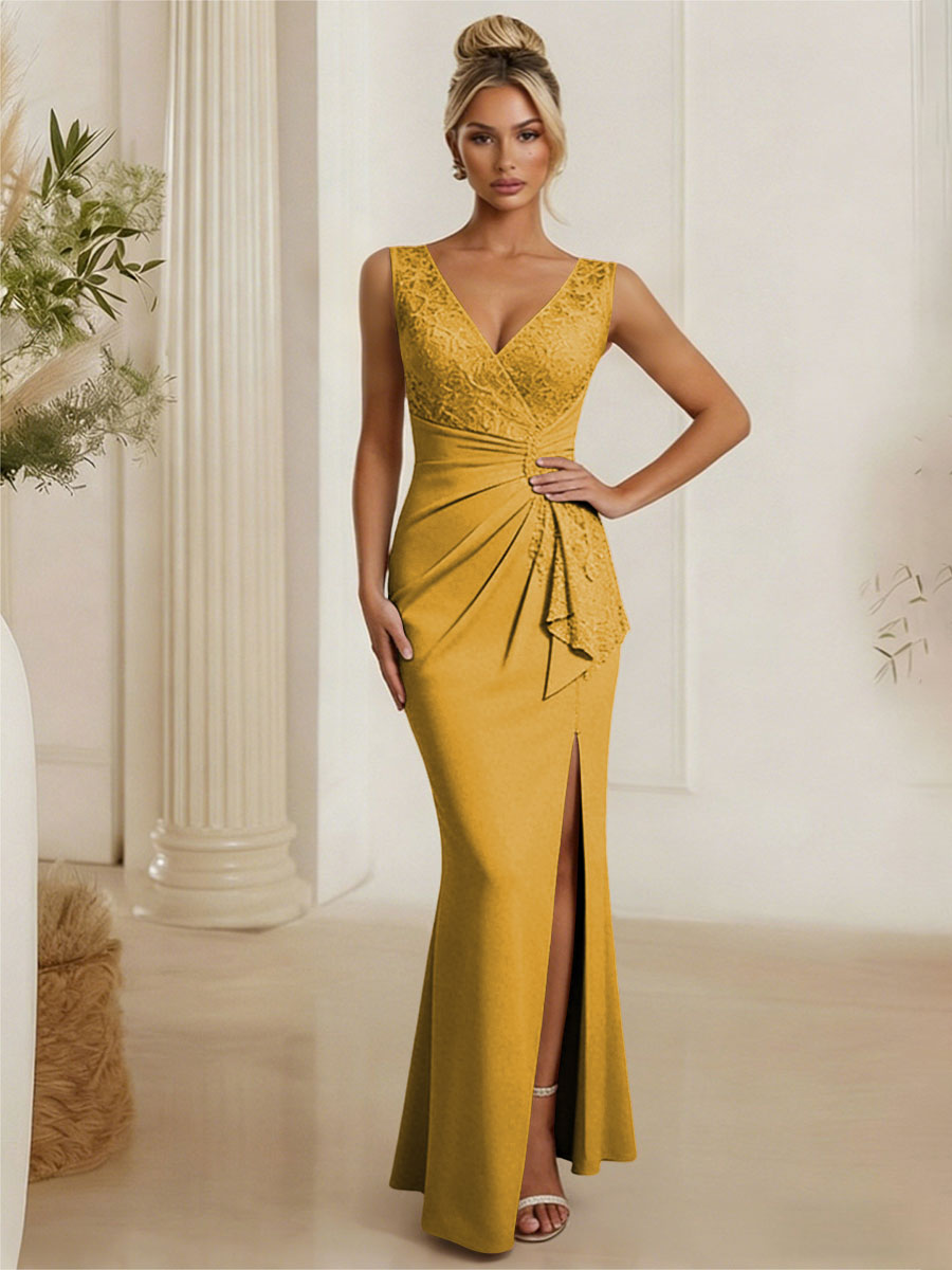 Satin V Neck Lace Appliques Mermaid Mother of the Bride Dresses