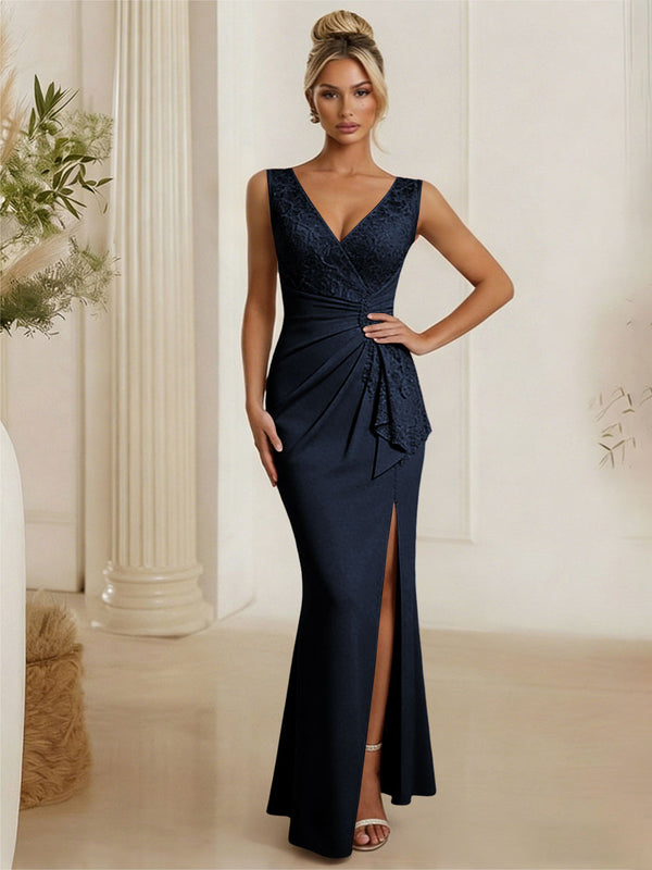 Satin V Neck Lace Appliques Mermaid Mother of the Bride Dresses