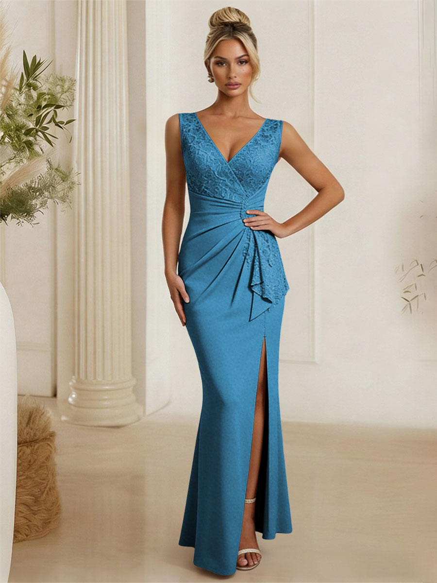 Satin V Neck Lace Appliques Mermaid Mother of the Bride Dresses