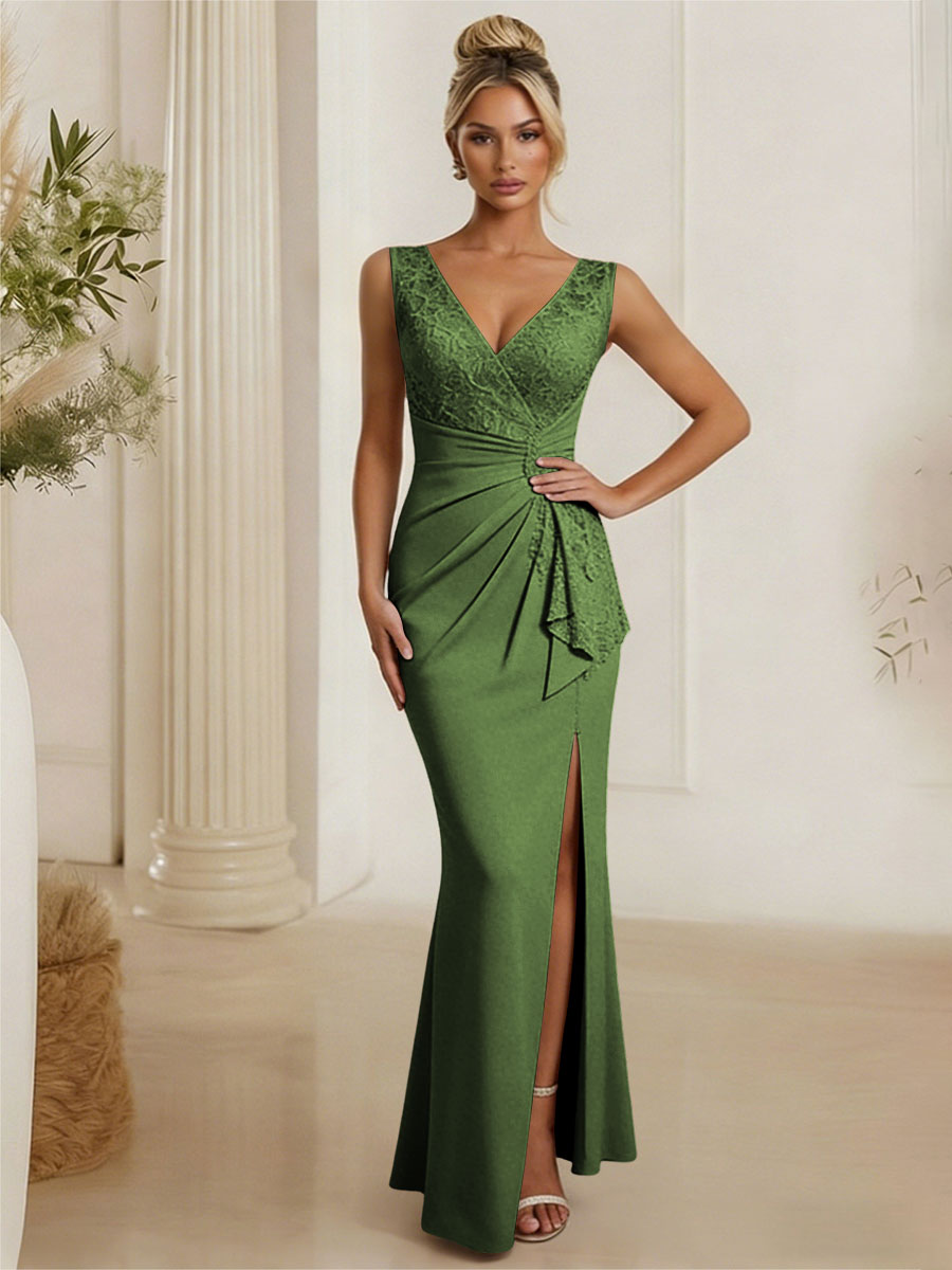 Satin V Neck Lace Appliques Mermaid Mother of the Bride Dresses