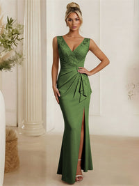 Satin V Neck Lace Appliques Mermaid Mother of the Bride Dresses