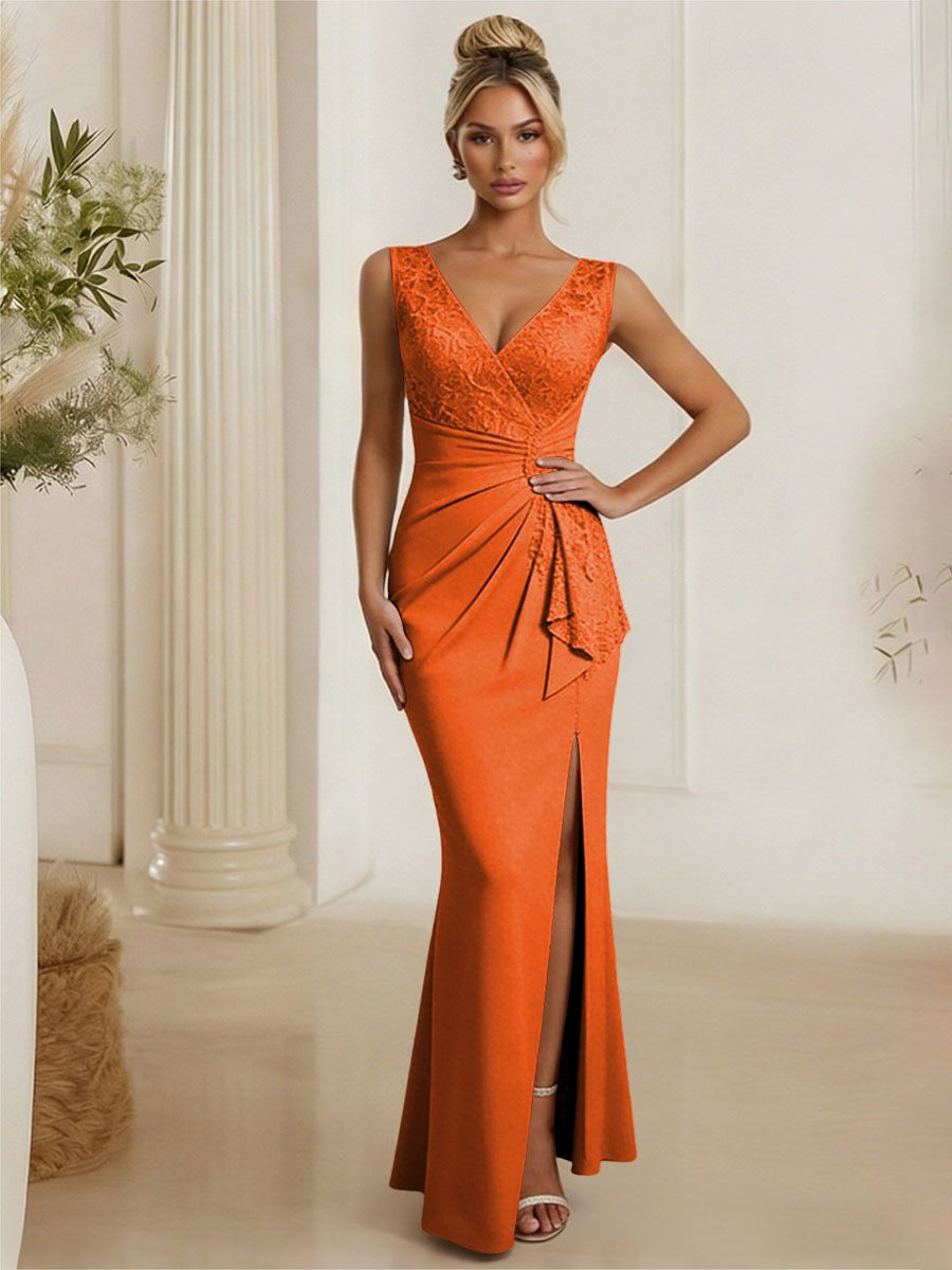 Satin V Neck Lace Appliques Mermaid Mother of the Bride Dresses