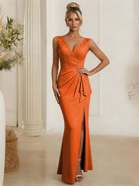 Satin V Neck Lace Appliques Mermaid Mother of the Bride Dresses