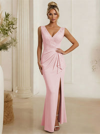 Satin V Neck Lace Appliques Mermaid Mother of the Bride Dresses