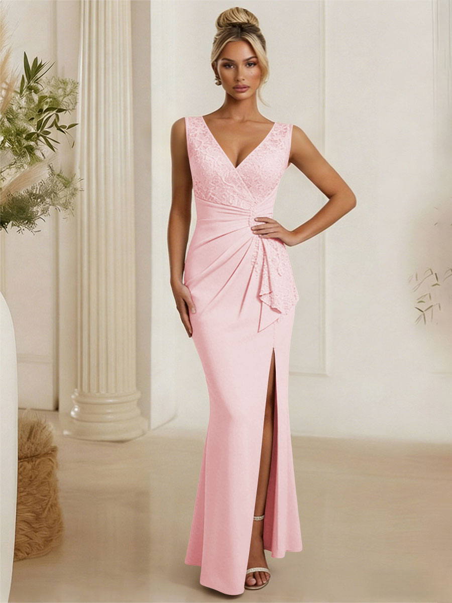 Satin V Neck Lace Appliques Mermaid Mother of the Bride Dresses