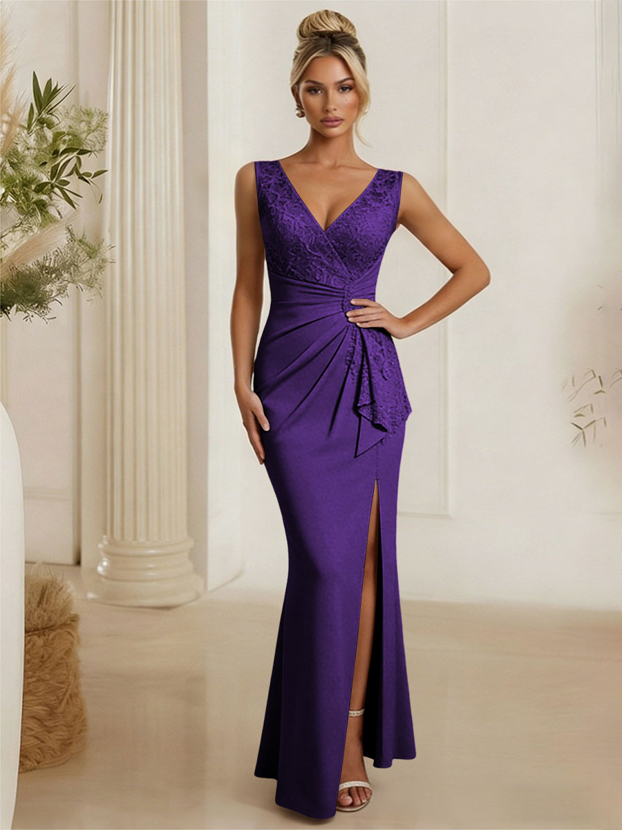 Satin V Neck Lace Appliques Mermaid Mother of the Bride Dresses