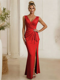 Satin V Neck Lace Appliques Mermaid Mother of the Bride Dresses