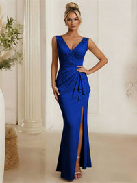Satin V Neck Lace Appliques Mermaid Mother of the Bride Dresses