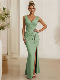 Satin V Neck Lace Appliques Mermaid Mother of the Bride Dresses