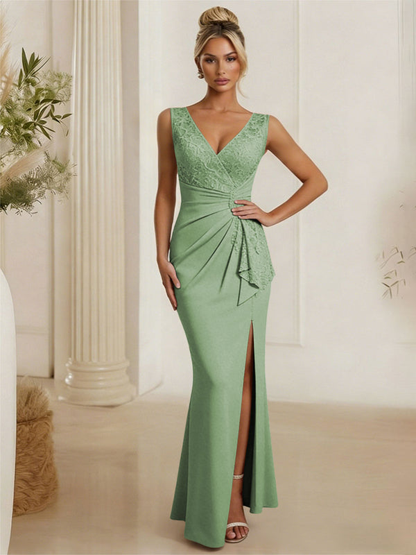 Satin V Neck Lace Appliques Mermaid Mother of the Bride Dresses