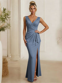 Satin V Neck Lace Appliques Mermaid Mother of the Bride Dresses